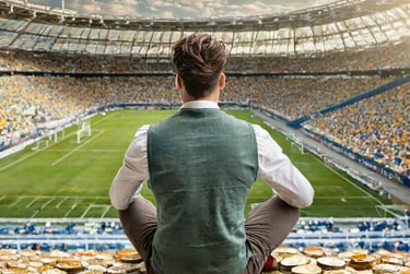 uomo seduto sopra tante monete dentro un campo da calcio