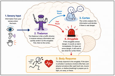 A diagram explaining how sensory input travels through the thalamus, cortex, and amygdala to trigger a body response.