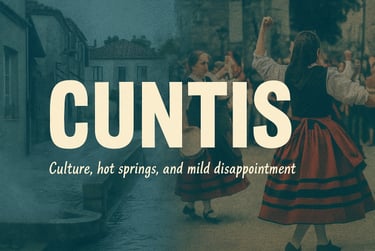 CUNTIS in bold over a collage of Cuntis images with Culture, hot springs, and mild disappointment 