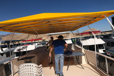 Houseboat Party Top replacement cover installed. Sunbrella Marine Fabric.