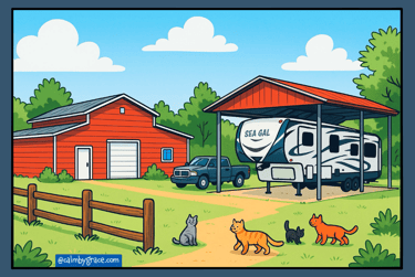 A peaceful cartoon farm picture with red barn, RV camper, truck, and animals.