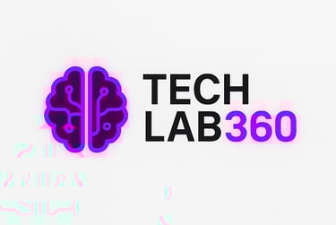 Logo do TechLab360º com ícone de cérebro roxo com circuitos, representando IA e inovação digital