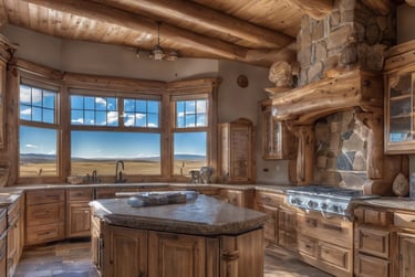 a kitchen with a large window and a large window