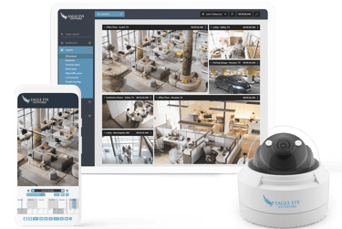 Eagle Eye Networks cloud-based video surveillance system displayed on desktop and mobile devices, showcasing live video.