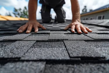A roofing contractor installing new asphalt shingles on a residential roof.