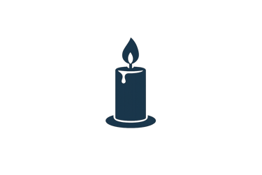 Dark blue minimalist candle icon with a flickering flame and wax drip on a black background.