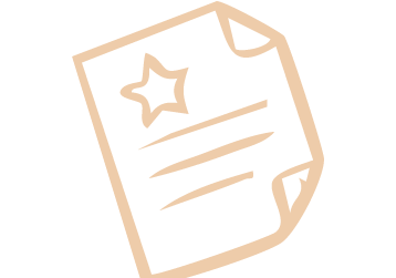 A minimalist tan line art icon of a document with a star symbol on a black background.