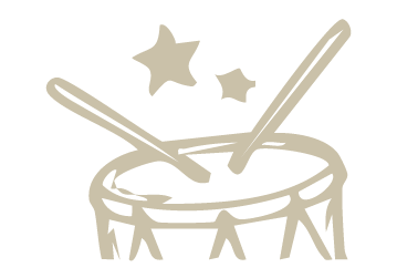 A cream-colored illustration of a drum with two drumsticks and stars on a black background.
