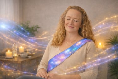 Serene woman with curly light auburn hair wearing a holographic wellness sash, eyes closed, surrounded by soft glowing light.