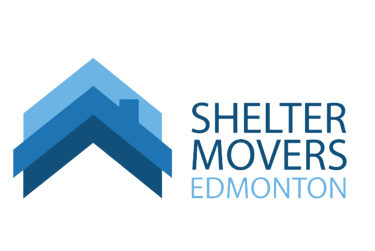 a blue and white logo for shelter movers