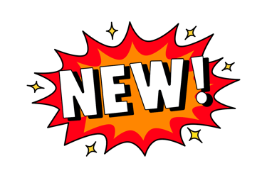 Comic book style red and orange starburst icon with the word NEW in bold white text.