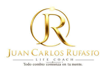 Elegant gold logo for life coach Juan Carlos Rufasto featuring a metallic JR monogram on black.