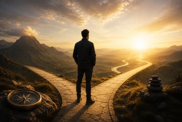 A man stands at a mountain fork in the road during a golden sunset, symbolizing life choices and direction.