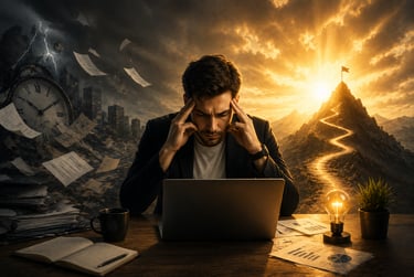 Stressed businessman at laptop facing a storm of chaos while viewing a bright path to success.