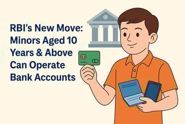 Young boy holding debit card, chequebook, and phone, with RBI policy & bank building background