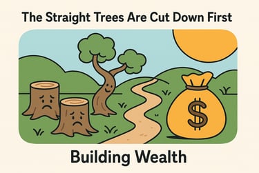 A colorful illustration showing trees, wealth path, & money bag symbolizing financial growth wisdom.