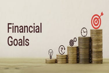 showing icons of indian rupee symbol, bulb, settings or gear wheels time & target on stacks of coins