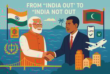 Handshake between Indian & Maldivian leaders with flags, ocean backdrop, & diplomatic partnership.