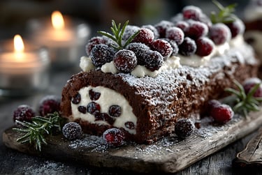 Festive Chocolate Yule Log with Cream and Berries for Holiday Celebrations