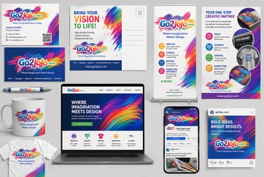 Go2Jojo branding kit showing business cards, website, t-shirt, and marketing materials with colorful paint splash design.