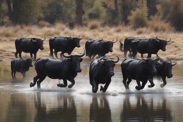 a herd of black bulls running through water