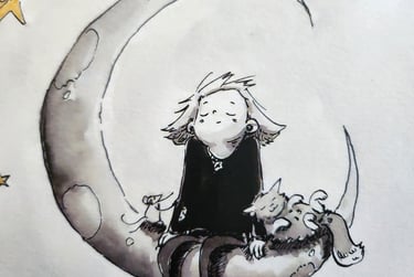 illustration d'une enfant sur un croissant de lune