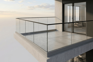 Modern luxury apartment balcony featuring a frameless glass railing system and concrete flooring.