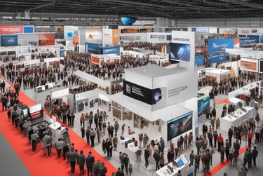 High-angle view of a busy trade show floor with modern exhibition booths, red carpet, and crowds.