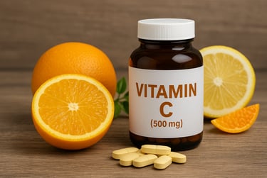 vitamin c Supplement und orangen auf einem tisch