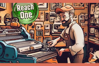 Cartoon illustration of a printer working at a press to create content