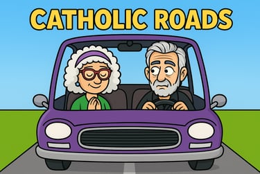 Cartoon of two old folks out for a ride. The husband is watching the road while the wife prays.