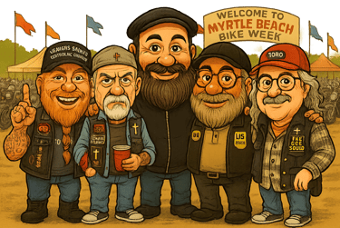 Old Christian bikers at a motorcycle rally—getting the band back together again!