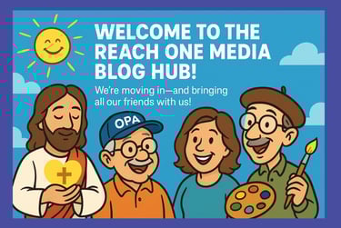 Cartoon of caricature friends moving into the Reach One Media Blog Hub.