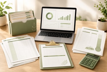 Organized money planning desk with laptop dashboard, file box, worksheets, calculator, and green office supplies.