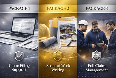 Three insurance claim service packages including filing support, scope of work writing, and full claim management.