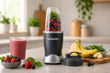 Nutribullet 600W blender with fresh fruits and smoothie ingredients on kitchen counter – best afford