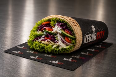Fresh doner kebab wrap with lettuce, vegetables, and sauce from Kebab City.