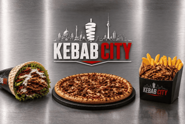 Kebab City menu featuring a doner kebab wrap, meat pizza, and a box of kebab meat with fries.