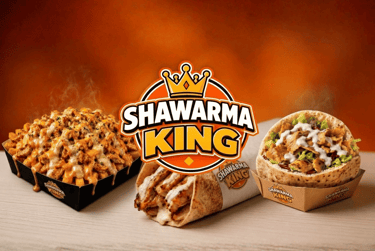 Shawarma King menu featuring chicken shawarma wraps, loaded fries, and pita sandwiches with garlic sauce.