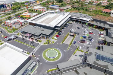 Aerial view of a Las Ramblas parking lot with a traffic circle and commercial retail buildings.