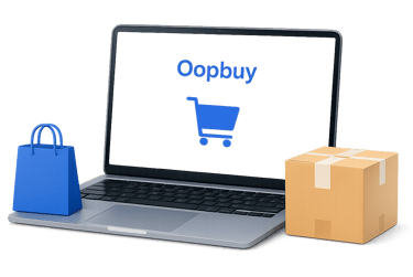 Oopbuy shopping process illustration with laptop and package