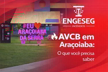 Informativo da Engeseg Incêndios sobre o AVCB em Araçoiaba da Serra com o letreiro turístico da cidade ao fundo.