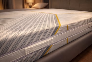 Close-up of a modern memory foam mattress with breathable textured fabric and yellow accents.