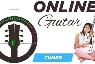 A woman holding an electric guitar next to a digital online guitar tuner display for musical instrument tuning.