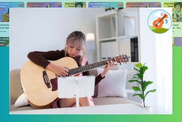 A young woman playing an acoustic guitar while watching a free online guitar tuner video on a tablet.