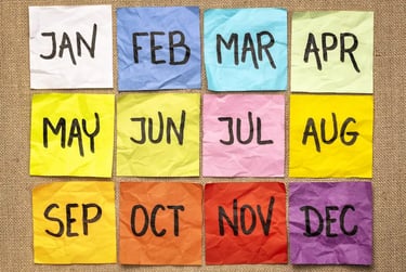 Twelve colorful crumpled sticky notes labeled with months of the year on a burlap bulletin board.