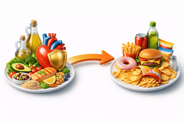 Figura 2. Ilustração 3D: padrões mais cardioprotetores vs mais associados a risco. (Arte: Nutro AI)