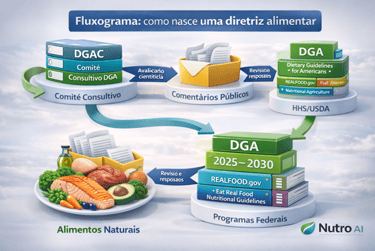 Figura 3 — Fluxograma (ilustração 3D): como nasce uma diretriz alimentar. Fonte: elaboração própria 