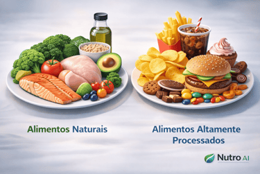 Figura 4 — Alimentos naturais vs altamente processados (ilustração 3D). Fonte: elaboração própria (N