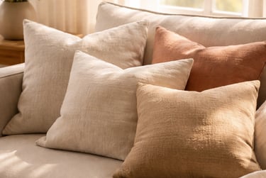 Neutral linen throw pillows in beige and terracotta colors on a cozy sofa in a bright living room.